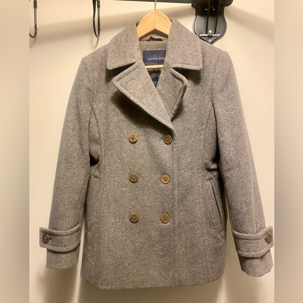 Gray Wool Lands End beautifully lined Pea Coat with Brass Buttons